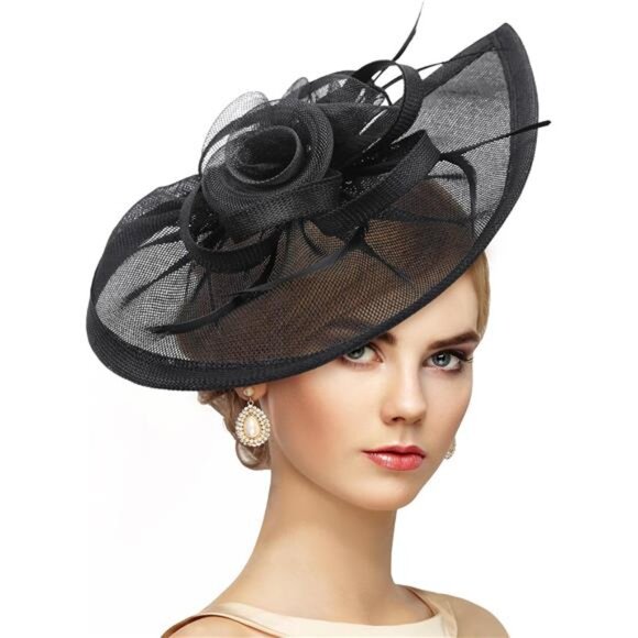 Feather Fascinator Hat - Victoria High Tea Party Kentucky Black